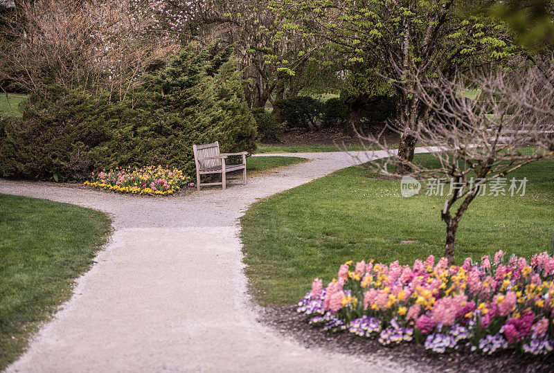 一个觉醒的植物园在丰富多彩的春天色彩，砾石小径和长凳享受大自然，植物园vol<e:1> ji Potok，斯洛文尼亚